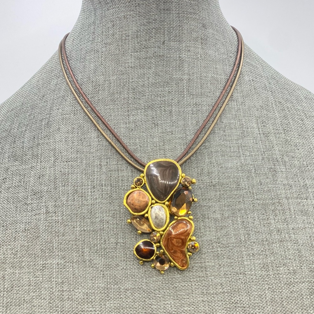 Chicos Leather Cord Enamel Natural Gold Brown Tones Statement Faceted Rhinestone